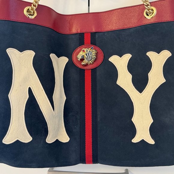 GUCCI Women's Blue Rajah Ny Yankees Large Suede & Leather Tote - Picture 3 of 15